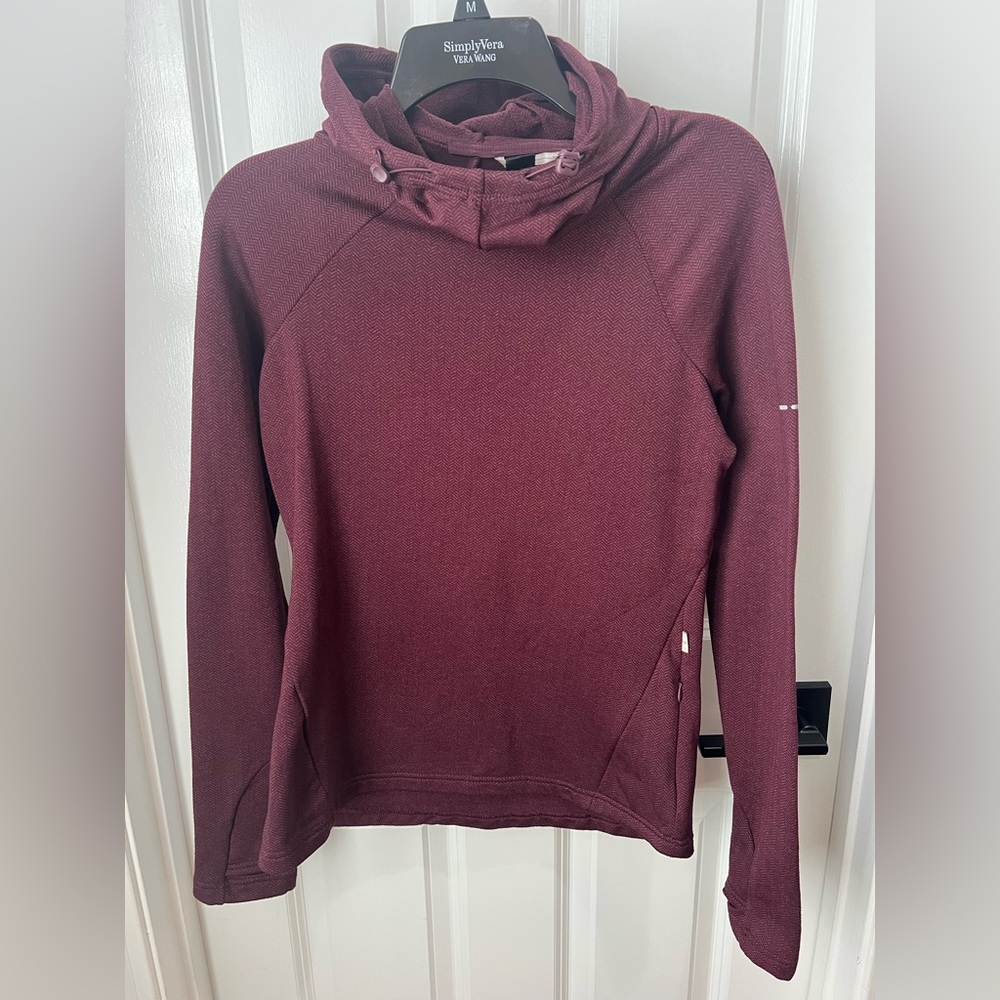 Maroon funnel neck pullover with hood